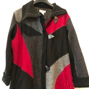 Wool coat red, black and gray. 1X.  EUC